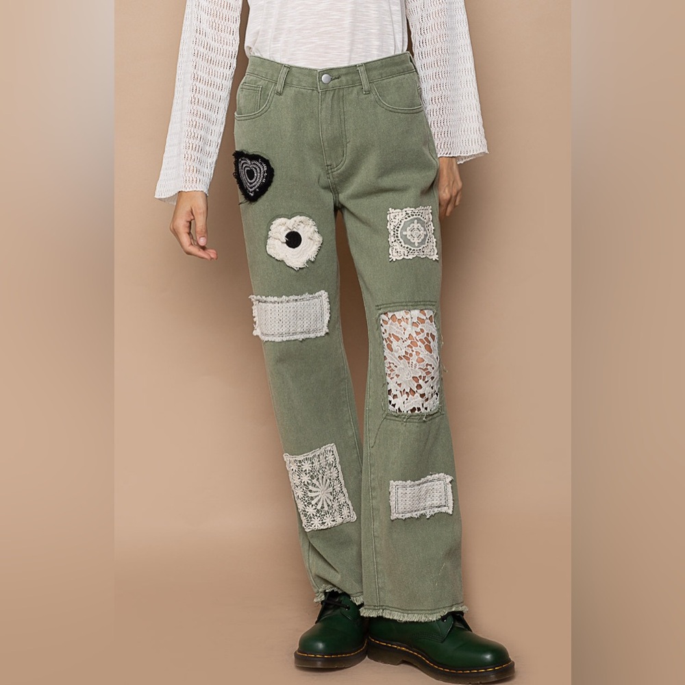 POL Olive Patchwork Straight Leg Pants